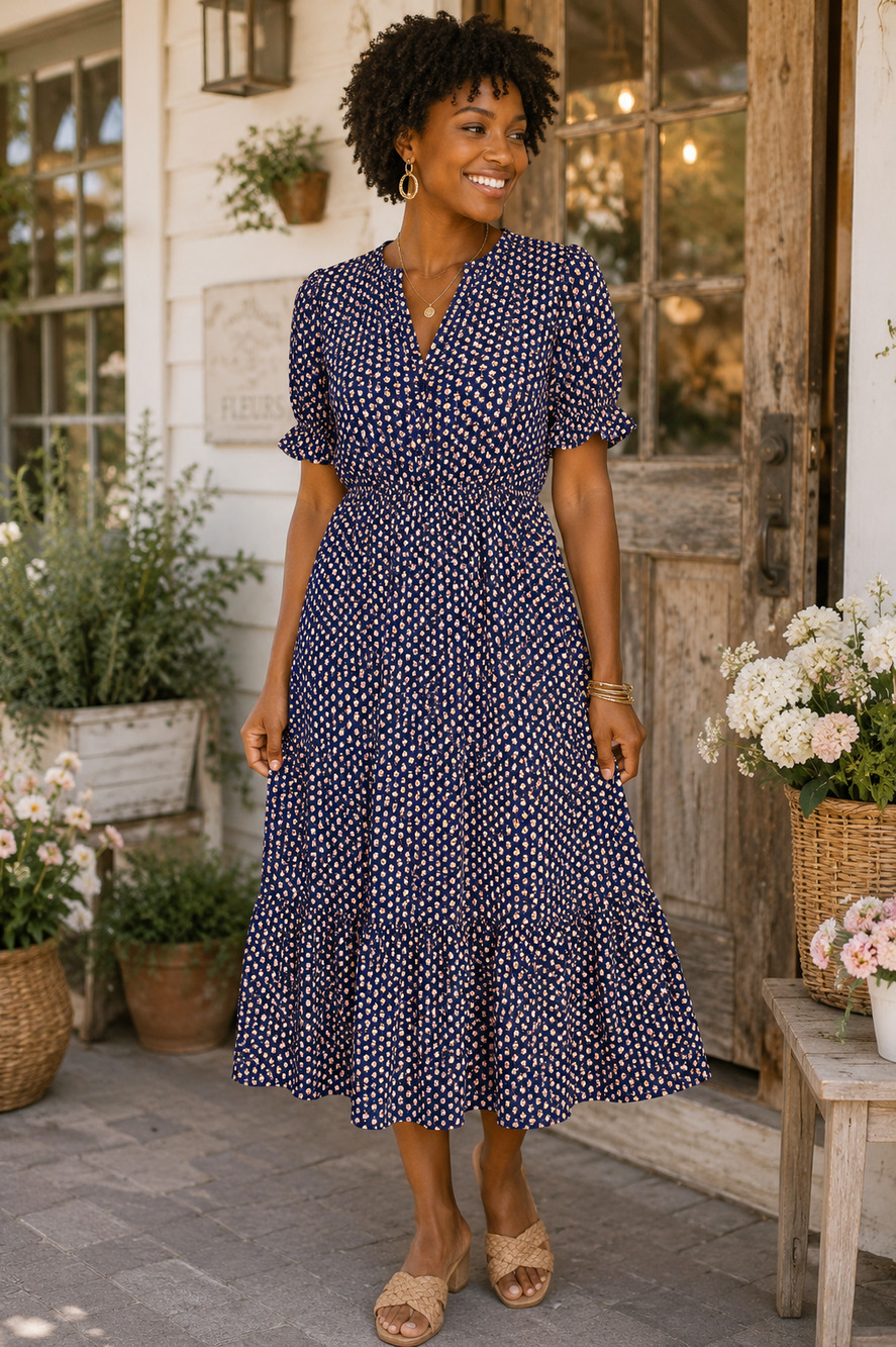 Fraiche by J Navy Floral Midi Dress Large Puff Sleeve Button Front Tiered